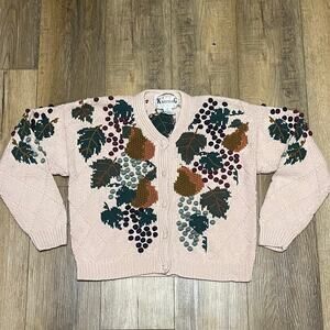 Vtg KNITTING NEEDLES Hand Knit Cardigan Sweater S Fall Fruit Cottagecore Granny